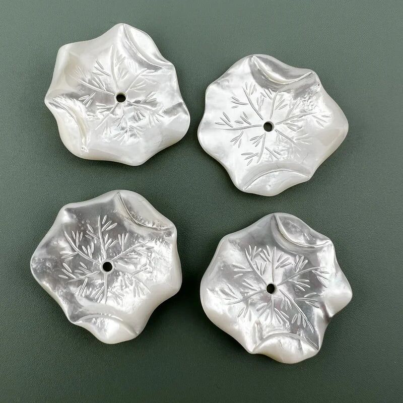 Lotus Leaf Beads White Mother Of Pearl 30mm Hand Carved WM-0003